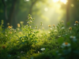 Obraz premium medicinal herbs and berries, traditional medicine Lush green field filled with a variety of flowers, including daisies and yellow flowers