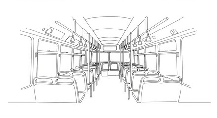 Minimalist continuous line drawing showcasing the interior of a bus with seats