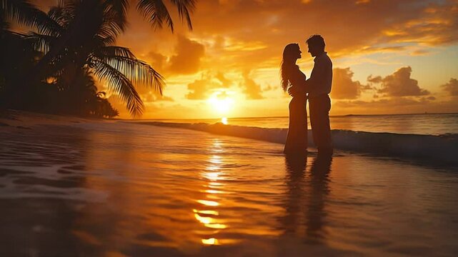 Romantic Couple Embracing in Shallow Ocean Waters During Golden Sunset on Tropical Beach with Palm Trees and Dramatic Cloudscape