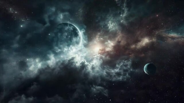 Majestic outer space scene with glowing nebula clouds, distant planets, and starlit galaxy in a mysterious deep universe atmosphere