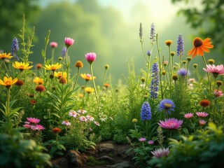 medicinal herbs and berries, traditional medicine Vibrant and colorful field of flowers, with a mix of pink, yellow, and purple blooms, is in full b