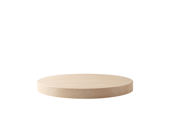 A round wooden stand sits in front of a transparent background. The stand appears to float, creating a minimalistic, simple scene