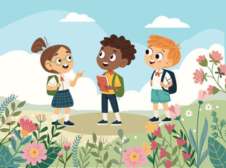 Three school children, with backpacks after school, talking