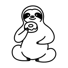 Fototapeta premium 座っておやつのドーナッツを食べているナマケモノのシンプルな手描き線画イラスト 透過背景の切り抜き