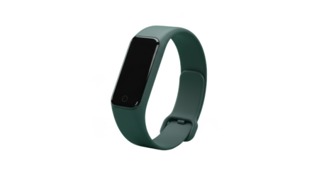 A green fitness tracker with a black screen and a circular touch button on a black background