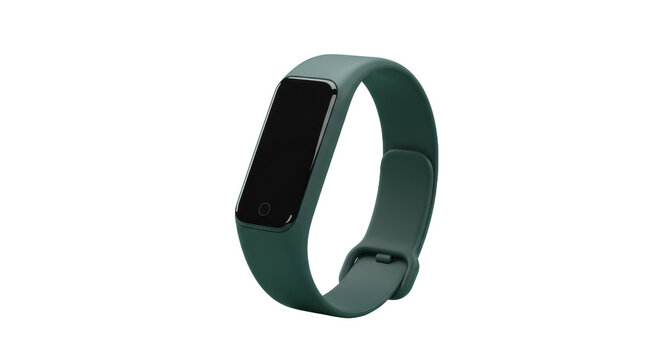 A green fitness tracker with a black screen and a circular touch button on a black background