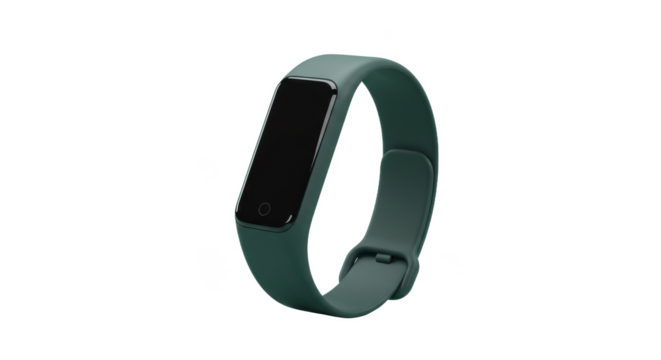 A green fitness tracker with a black screen and a circular touch button on a black background