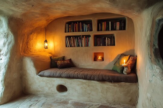 Clay walled reading nook with earthen bench seating, built in bookshelf, flickering candlelight and natural insulation, peaceful and
