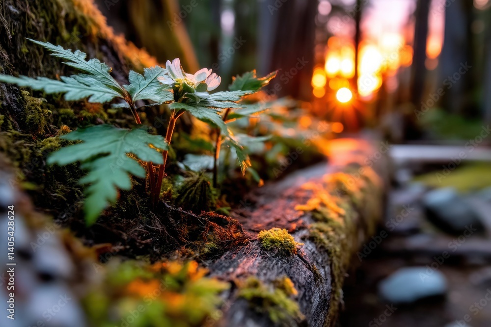 Poster tranquil nature scene with ferns and sunlight filtering through trees at dusk