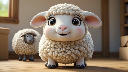Adorable 3d Lamb Smiling in Rustic Room with Another Sheep