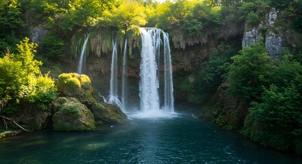 Fototapeta premium Majestic Waterfall Cascades Into Tranquil Pool Surrounded by Lush Forest
