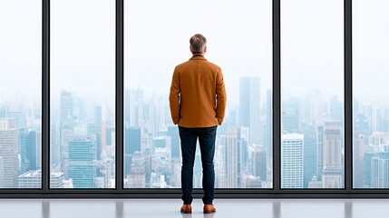 Fototapeta premium Businessman gazing out at the city skyline from a modern office with floor-to-ceiling windows.