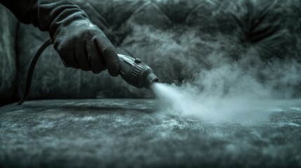 Obraz premium Person using a steam cleaner on a plush sofa, with steam rising and a dark background