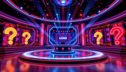 Game Show Set A brightly lit game show stage adorned with flashy neon question marks and captivating background lighting.