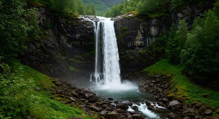 Obraz premium Majestic Waterfall Cascading Into a Rocky Pool Surrounded by Lush Greenery