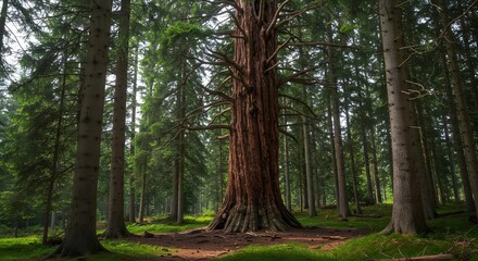 Obraz premium Majestic Redwood Tree in Lush Green Forest Landscape
