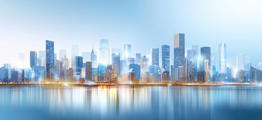 Naklejka premium City skyline reflecting on water at dusk