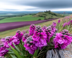 Majestic Natural Landscape Featuring Vibrant Purple Flowers Against a Rolling Green Horizon