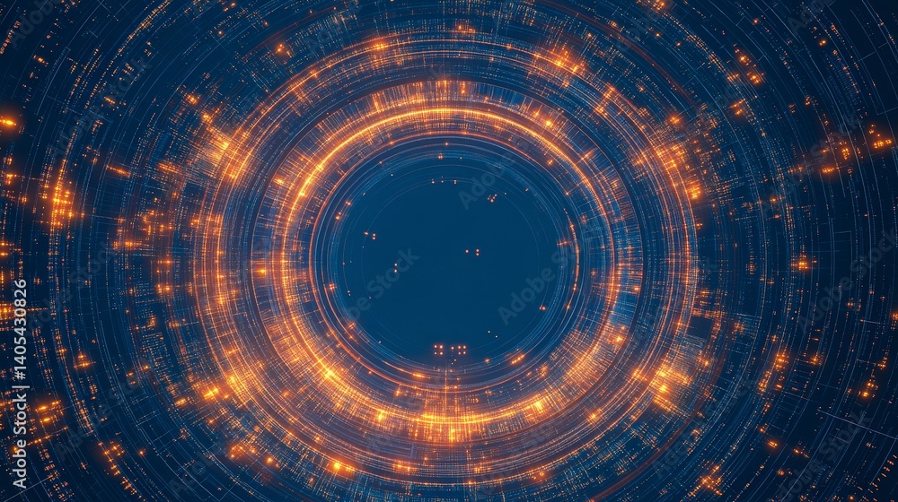 Poster futuristic digital interface with glowing circular patterns and connections in a dark background.