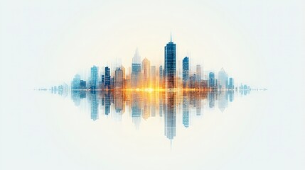 Futuristic skyline reflected in water, abstract cityscape at sunset with blue and orange colors.