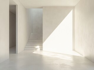 Fototapeta premium A white room with a staircase and a window. The room is empty and has a lot of light coming in from the window