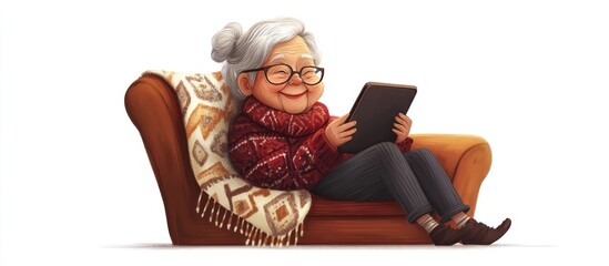 Happy senior woman using tablet on couch