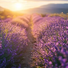 Obraz premium Golden sunlight bathing blooming lavender field at sunset