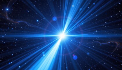 Fototapeta premium Galactic Light Beam A vibrant blue light beam emerging from the center of a starry night sky, creating a cosmic effect with swirling galaxies in the background.