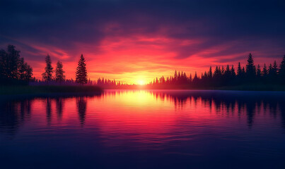 Fototapeta premium Serene sunset over a tranquil lake with reflections of vibrant colors and silhouettes of trees
