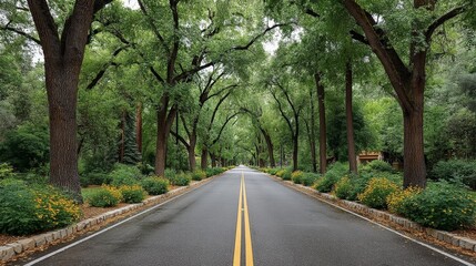 Obraz premium Serene road lined with lush green trees, offering a picturesque and tranquil scenic view.