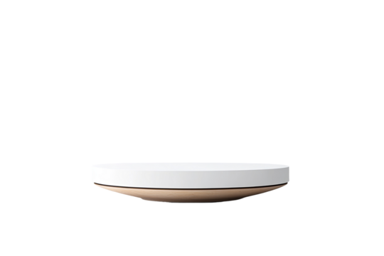 A simple circular white and tan platform on a transparent background, perfect for product promotion or presentation. Sleek, minimalist design