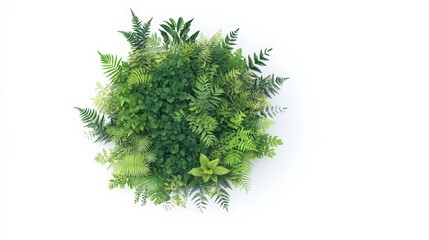 Fototapeta premium Top view of lush green ferns arranged in a circular pattern on a white background.
