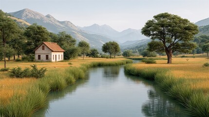 Obraz premium Tranquil rural scene with a serene river, lush greenery, and distant mountains under a clear sky.