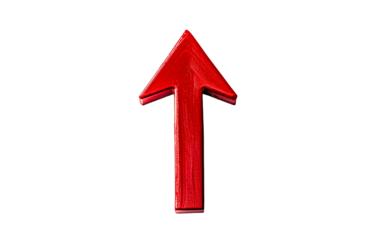 A vibrant, textured red arrow points directly upwards, contrasting against a stark transparent background. Upward movement in focus