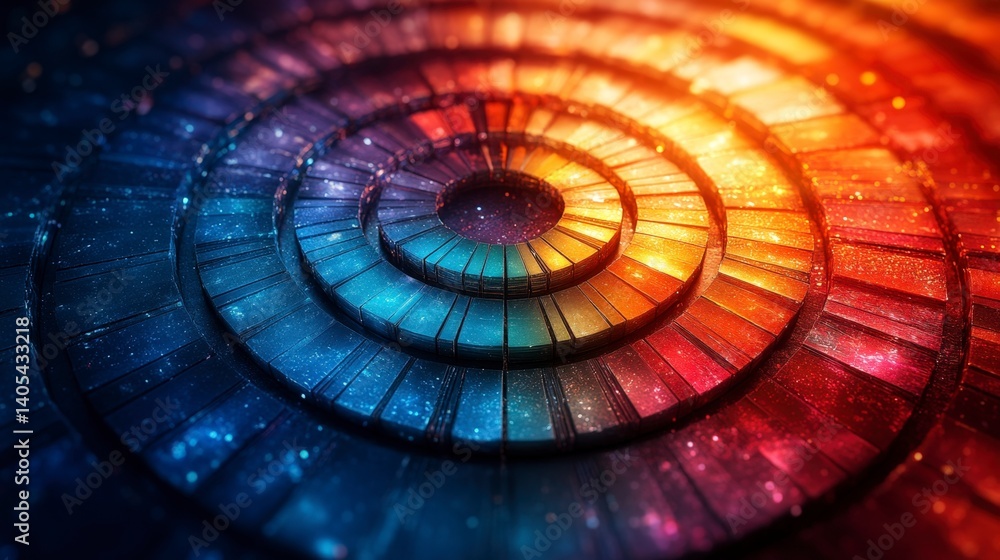 Poster vibrant spiral pattern with rainbow colors and abstract design elements.