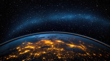 Obraz premium A stunning view of Earth from space, showcasing illuminated cities against a backdrop of stars and a faint arc of blue.