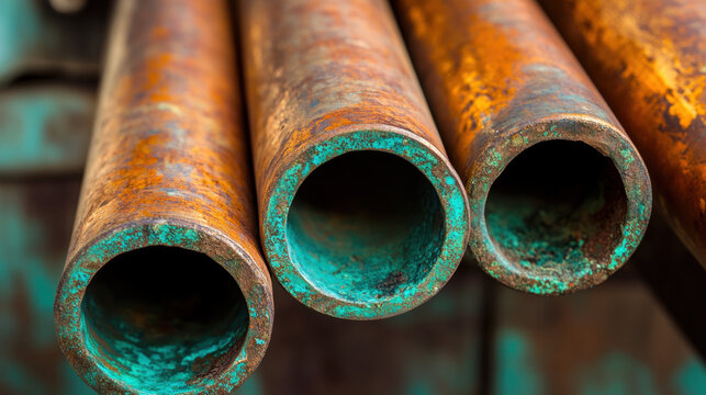 Column of gray scaffolding close up, construction equipment stored and arranged while leaning on each other, pile of scaffolding
