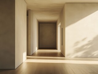 Fototapeta premium A hallway with a white wall and a wooden floor. The floor is covered with wood. There is a window in the hallway