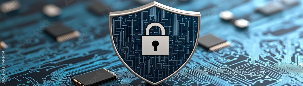 Poster a digital shield with a lock symbol stands out against a blue circuit board background, representing