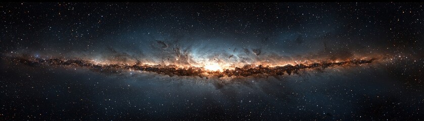 Fototapeta premium A stunning panoramic view of a galaxy, showcasing vibrant colors and cosmic structures against a dark universe backdrop.