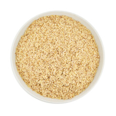 flat lay pile of flake whole grain powder or wheat germ in ceramic white bowl cutout