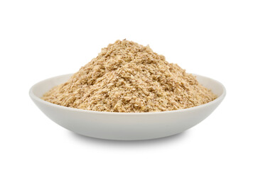 closeup pile of flake whole grain powder or wheat germ in ceramic white bowl cutout