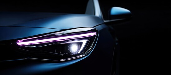 A close-up of the front part of a car, mainly showing the headlights. The car body is deep blue with a streamlined design.