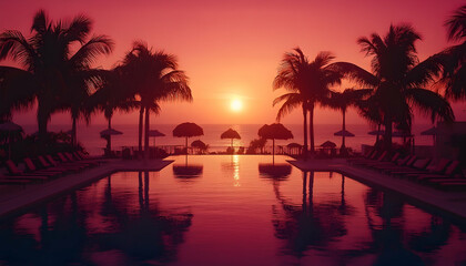 Obraz premium Serene sunset over a tranquil poolside with palm trees and umbrellas, creating a relaxing atmosphere