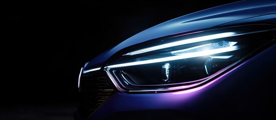 A close-up of the front part of a car, mainly showing the headlights. The car body is deep blue with a streamlined design.