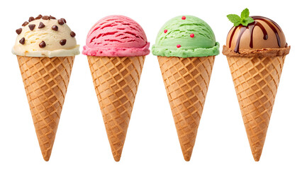 Four delicious ice cream cones with different flavors.