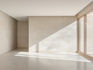 Fototapeta premium A large empty room with a white wall and a window. The window is open and the sunlight is shining on the floor