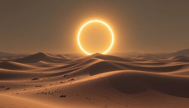 Desert Mirage A glowing circle hovering above golden dunes, with shimmering heat waves creating a surreal desert atmosphere.
