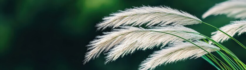 Soft, feathery grass sways gently against a blurred green backdrop, capturing a serene and tranquil moment in nature.