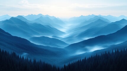Obraz premium Serene Blue Mountainscape: A Misty Dawn in the Highlands